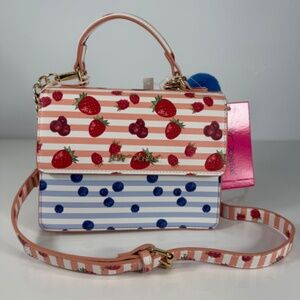Betsey Johnson Stripes and Fruit Print Convertible Cross Body Pink Satchel
